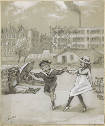 Táncoló fiú és lány a városi parkban vagy játszótéren alkotó: Felix Hess (signed by artist)