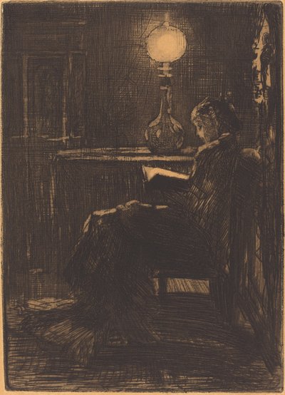 Lámpaolvasó (Lámpafénynél olvasó nő) alkotó: Felix Hilaire Buhot