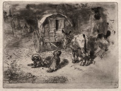 A ház őrzői, avagy a Saltimbanque barátai c. 1875. alkotó: Felix Hilaire Buhot