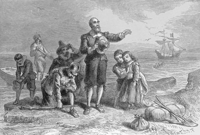 A zarándokok partraszállása, 1620, A. Bollett metszete a „Harper