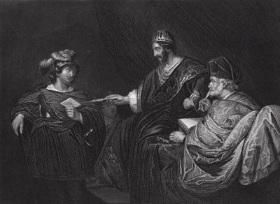 Dávid levelet küld Joábnak Uriás által, II. Sámuel, XI. fejezet, 14. v. (metszet) alkotó: Ferdinand (after) Bol