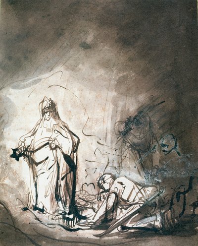 Saul és az endori boszorkány (toll- és tintamosás papíron) alkotó: Ferdinand Bol
