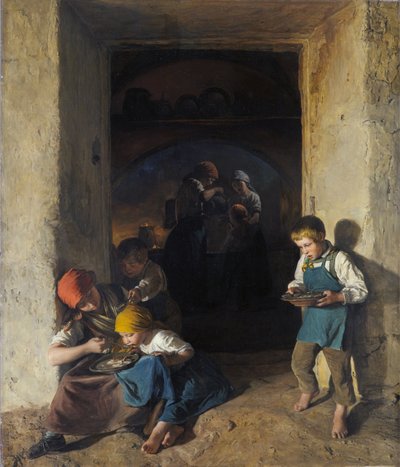 Gyermekek fogadják a reggelit alkotó: Ferdinand Georg Waldmuller