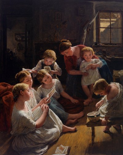 Des enfants, au matin, respectant des images – Gyermekek reggel, akik képeket nézegetnek, Waldmuller, Ferdinand Georg (1793-1865). Olaj, fa alkotó: Ferdinand Georg Waldmuller