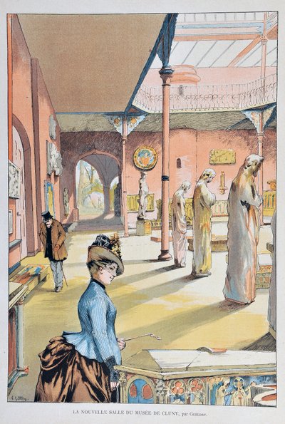 A párizsi Cluny középkori múzeumának új terme 1887, Ferdinand Joseph GUELDRY (1858-1945) Metszet 1887-ből a „Paris-Illustrous Journal hetilap”-ban alkotó: Ferdinand Joseph Gueldry