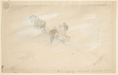 Egy szán felülről nézve, ló húzza, két ember ül és egy mellette áll, hátulról nézve alkotó: Ferdinand Kjerulf Tranaas