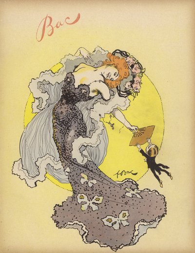 Férfi egy gyönyörű nő legyezőjén lóg (színes litó) alkotó: Ferdinand Sigismund Bac