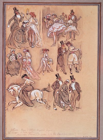 Második Francia Birodalom: divattányér táncosoknak, lovasoknak és elegáns uraknak (metszet) alkotó: Ferdinand Sigismund Bac