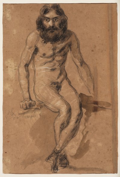 Futó lovak (előlap); szakállas férfi, ülve (hátlap), 1800-1899 körül (fekete-fehér kréta (előlap), fekete-fehér kréta és barna mosás (hátlap), barna színű, előkészített hordozott papírra). alkotó: Ferdinand Victor Eugene (after) Delacroix