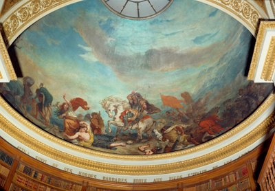 Attila (395-453) a hun törzs főnöke, majd barbár hordái népesítették be Olaszországot 452 Eugene Delacroix (1798-1863) freskója a Nemzetgyűlés könyvtárának kupolájának díszítésében (Palais Bourbon) 1843 Párizs alkotó: Ferdinand Victor Eugene Delacroix