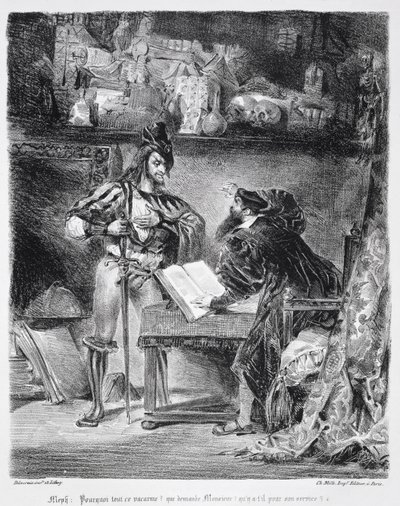 Faust és Mephistopheles első találkozása: „Miért ez a zaj”, Goethe Faustja, 1828, (illusztráció) (bw fotó a litográfiáról) alkotó: Ferdinand Victor Eugene Delacroix