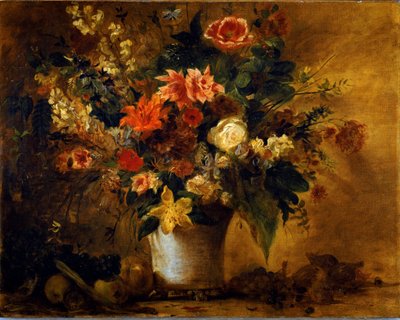 Virágok és gyümölcsök Virágcsokor egy gres vázában. Eugene Delacroix (1798-1863) festménye 1843 kb. Nap. 74x93 cm Bécsi Kunsthistorisches Museum, Neue Gallery alkotó: Ferdinand Victor Eugene Delacroix
