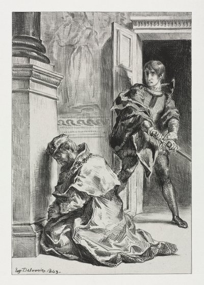 Hamlet: Hamlet kísérletei megölni a királyt, 1843. alkotó: Ferdinand Victor Eugene Delacroix