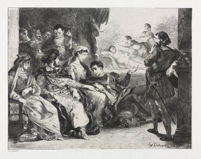 Hamlet: Hamlet megparancsolja a színészeknek, hogy készítsenek egy jelenetet az apja megmérgezéséből, 1834. alkotó: Ferdinand Victor Eugene Delacroix