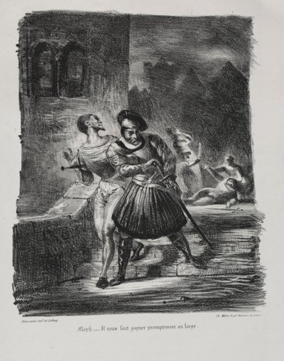 Illusztrációk Fausthoz: Méphistophélés és Faust menekül a párbaj után, 1828. alkotó: Ferdinand Victor Eugene Delacroix