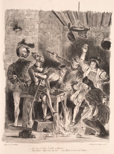 Illusztrációk Fausthoz: Méphistophélés a diákok kocsmájában, 1828. alkotó: Ferdinand Victor Eugene Delacroix