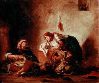 Orientalizmus: „Mogadori zsidó zenészek, Marokkó”” Eugene Delacroix (1798-1863) festménye 19. század V. 046x0,55 m Párizs, Musee du Louvre alkotó: Ferdinand Victor Eugene Delacroix
