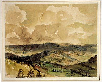Panorámás kilátás a Croze körüli erdős dombokra, Eugene Delacroix akvarellje (1798-1863) 1855 körül V. 0,21 x 0,26 m Párizs. Louvre múzeum alkotó: Ferdinand Victor Eugene Delacroix