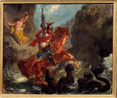 Roger delivrant Angelique-et (Angelica), akit a kalózok egy szörnyetegnek szállítottak, Roger (Ruggero, Ruggiero) felszabadítja egy vízilón lovagolva - Illusztráció a „Dühös Rolandhoz” (Orlando Furioso), Ludovic Ariosto (Arioste) - Eugene Delacroix festmén alkotó: Ferdinand Victor Eugene Delacroix