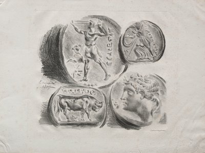 Négy antik érmet tartalmazó lap, 1825. alkotó: Ferdinand Victor Eugene Delacroix