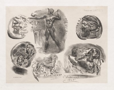 Hat antik érmét tartalmazó lap, 1825. alkotó: Ferdinand Victor Eugene Delacroix