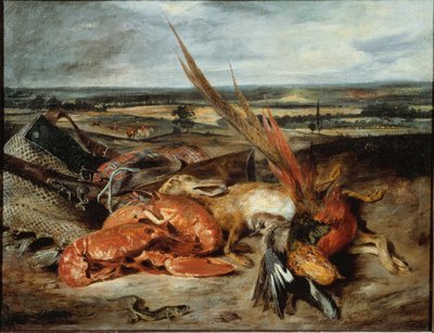 Csendélet homárral és vadászati és halászati trófeákkal - olaj, vászon alkotó: Ferdinand Victor Eugene Delacroix