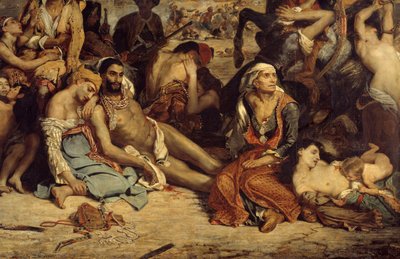 A Scio-mészárlások. Jelenet a görög szabadságharcról az oszmánok ellen: halálra vagy rabszolgaságra váró görög civilek. Részlet. Eugene Delacroix festménye (1798-1863) alkotó: Ferdinand Victor Eugene Delacroix