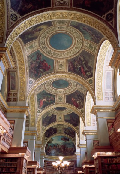 Kilátás a könyvtár kazettás mennyezetére, aranyozott stukkókerettel körülvéve, bibliai és klasszikus jeleneteket illusztráló spandrelek, 1844 alkotó: Ferdinand Victor Eugene Delacroix