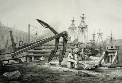 Horgonyok a haditengerészeti hajógyárban, Ferdinand Perrot, litográfia alkotó: Ferdinand Victor Perrot