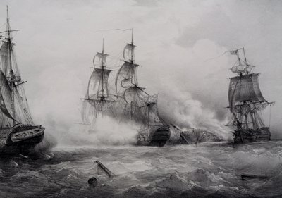 Harcok brit és amerikai harmadosztályú vitorlás hajók között 74 ágyúval, Ferdinand Perrot litográfiája alkotó: Ferdinand Victor Perrot