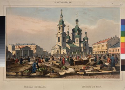 Szénapiac és az Istenszülő mennybemenetele székesegyház Szentpéterváron. Ferdinand Victor Perrot (1808-1841) munkája, litográfia és akvarell papíron alkotó: Ferdinand Victor Perrot