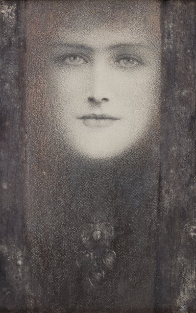 A maszk fekete függönnyel, 1909 körül (színes kréták fehérrel kiemelve a papíron) alkotó: Fernand Khnopff