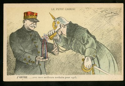 Képeslap, Szatirikus színekben, kb. 1914_12: Egy kis ajándékot ajánlok jókívánságaimmal 1915-re - 14-18-as háború, kanonok, kagylók - II. Vilmos, Joffre Illusztráció: Gottlob (1873-1935) alkotó: Fernand Louis Gottlob