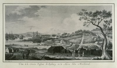 MALASPINA, Alejandro (1754-1809). Olasz-spanyol navigátor és felfedező; BRAMBILA, Fernando (1763-1834). Festő. Ausztrália (18. sz.). Új-Dél-Wales angol gyarmata. Fernando Brambila rajza, amely Alejandro Mal tudományos expedícióját illusztrálja. alkotó: Fernando Brambila