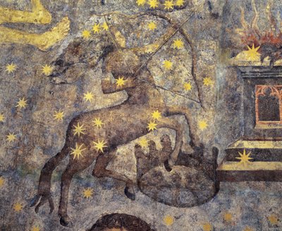Gótikus korszak. Fernando Gallego (1440-1507) a Zodiákus kupolája (1485). XV. század. Falfestmények. Ezek díszítik a Salamancai Egyetem könyvtárát, Kasztília, Spanyolország. Az állatöv jeleit képviseli. Kentaur. A csillagkép szimbóluma. alkotó: Fernando Gallego