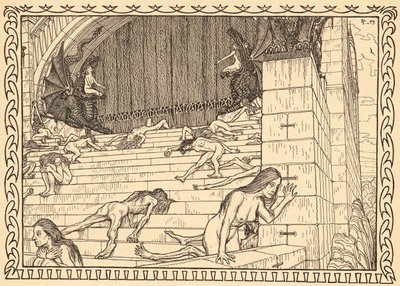 A Tettek temploma előtt, 7. tábla, „Lebenszeichen” tárcából, kocsma. Fritz Heyder Verlag 1908-ban Berlinben alkotó: Fidus (1868-1948)