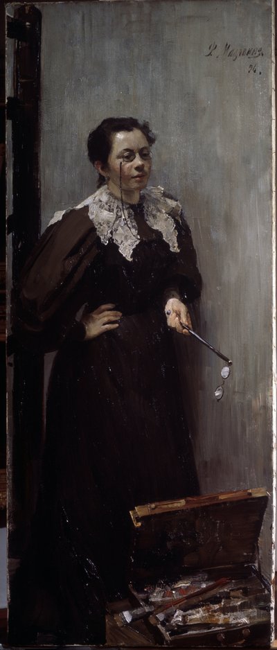 Anna Ostroumova Lebedeva (Ostroumova-Lebedeva) (1871-1955) művész portréja (A. Ostroumova művész portréja). A festőberendezése mögött állva ábrázolta, orrán távcsővel és egy másik párral a kezében. Filipp And festménye alkotó: Filipp Andreevich Maliavin