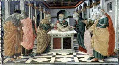 A templomban való bemutatás, a Museo Civico Krisztus születése oltárkép predella táblája. alkotó: Filippino (and workshop) Lippi