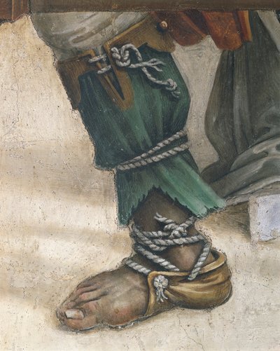 Szent János evangélista Drusiana újraélesztése, Filippino Lippi, lábbeli részlet, freskó alkotó: Filippino Lippi
