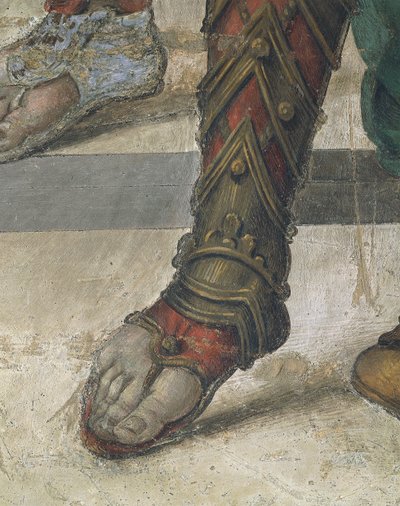 Szent Fülöp hajtó sárkány a Hieropolis templomból, Filippino Lippi, lábbeli részlet, freskó alkotó: Filippino Lippi