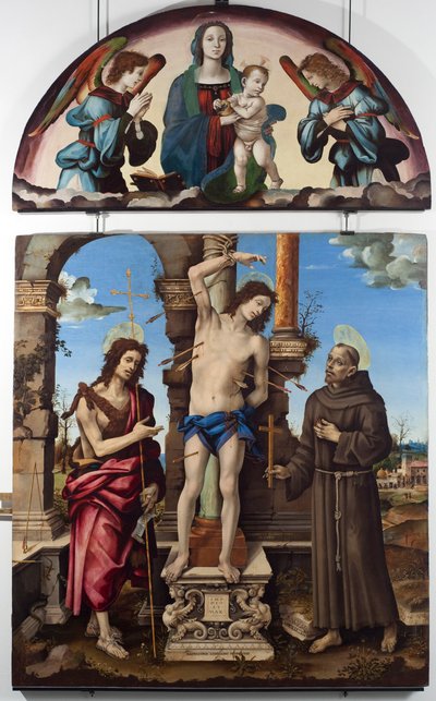 Szent Sebestyén Keresztelő Szent János és Assisi Szent Ferenc központi panellel körülvéve. A Szűznek gyermeke van. Filippo Lippi (1451-1504) festménye fára Dim. 298x185 cm Musei di Strada Nuova (ex Palazzo Bianco), Genes alkotó: Filippino Lippi