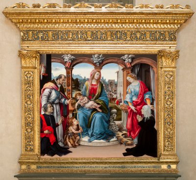 Szűz gyermekkel és Keresztelő Szent Jánossal, Szent Mártonnal és Alexandriai Szent Katalinnal. Nerli oltárkép (tempera a panelen alkotó: Filippino Lippi