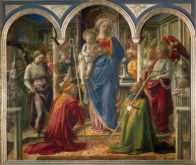 Madonna és gyermeke angyalokkal, valamint Szent Frediano és Szent Ágoston, az úgynevezett "Pala Barbadori" ... alkotó: Filippo (workshop of) Lippi