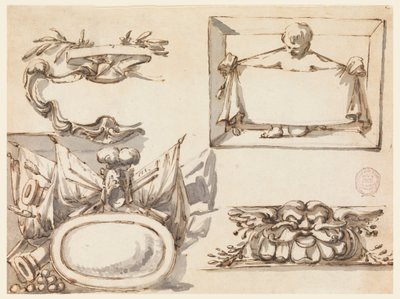 Rajz, Egy címerpajzs, egy trófea, egy címke, egy fríz díszítő motívum, 1750-75 alkotó: Filippo Marchionni