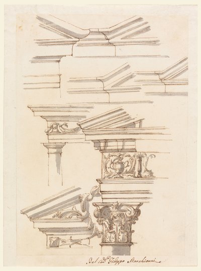 Rajz, Tanulmányok lábazathoz és oromzathoz, 1770 körül. alkotó: Filippo Marchionni