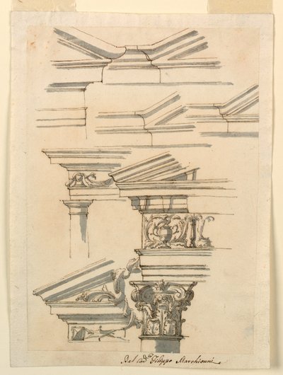 Rajz, Tanulmányok lábazathoz és oromzathoz, 1770 körül. alkotó: Filippo Marchionni