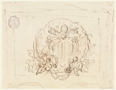 Rajz, Tábla XIV. Benedek pápa címerével, háttérben kagyló, 1740-58 alkotó: Filippo Marchionni