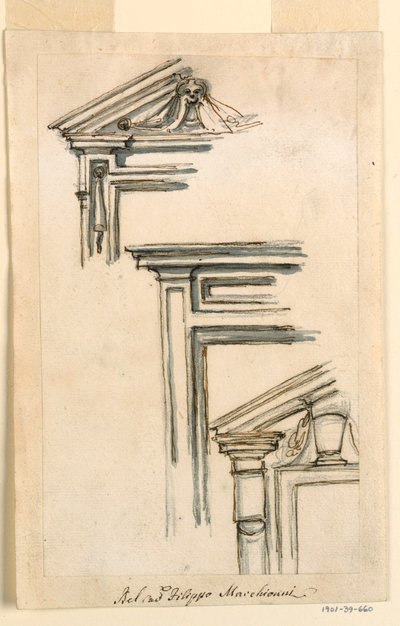 Rajz, Három ablak vagy ajtó tok, 1770 körül. alkotó: Filippo Marchionni