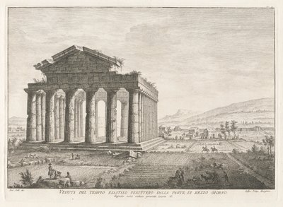 Kilátás a Peripterális Hexastyle templomra délről, Antichit felől? Pesto (Paestum régiségei) alkotó: Filippo Morghen