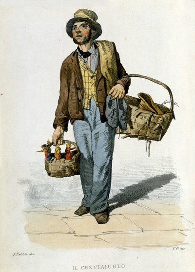 Small business of the city of Naples: the cenciauolo. He was a character who picked up old fabrics and clothes he used to exchange for pieces of soap. Engraving after a painting by F. Palizza. From a work by Francesco de Bourcard “” Costumi del regno di Na alkotó: Filippo Palizzi